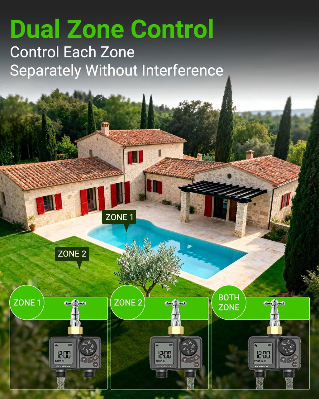 Rechargeable 2 Zone Water Timer, Sprinkler Timers for Garden Hose | Built-in Rechargeable Battery, Brass inlet, 2 Zone