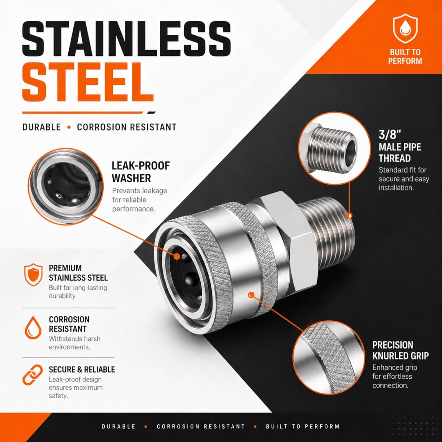 Hotop NPT 3/8 Inch Stainless Steel Male and Female Quick Connector Kit Pressure Washer Adapters(4 Sets)