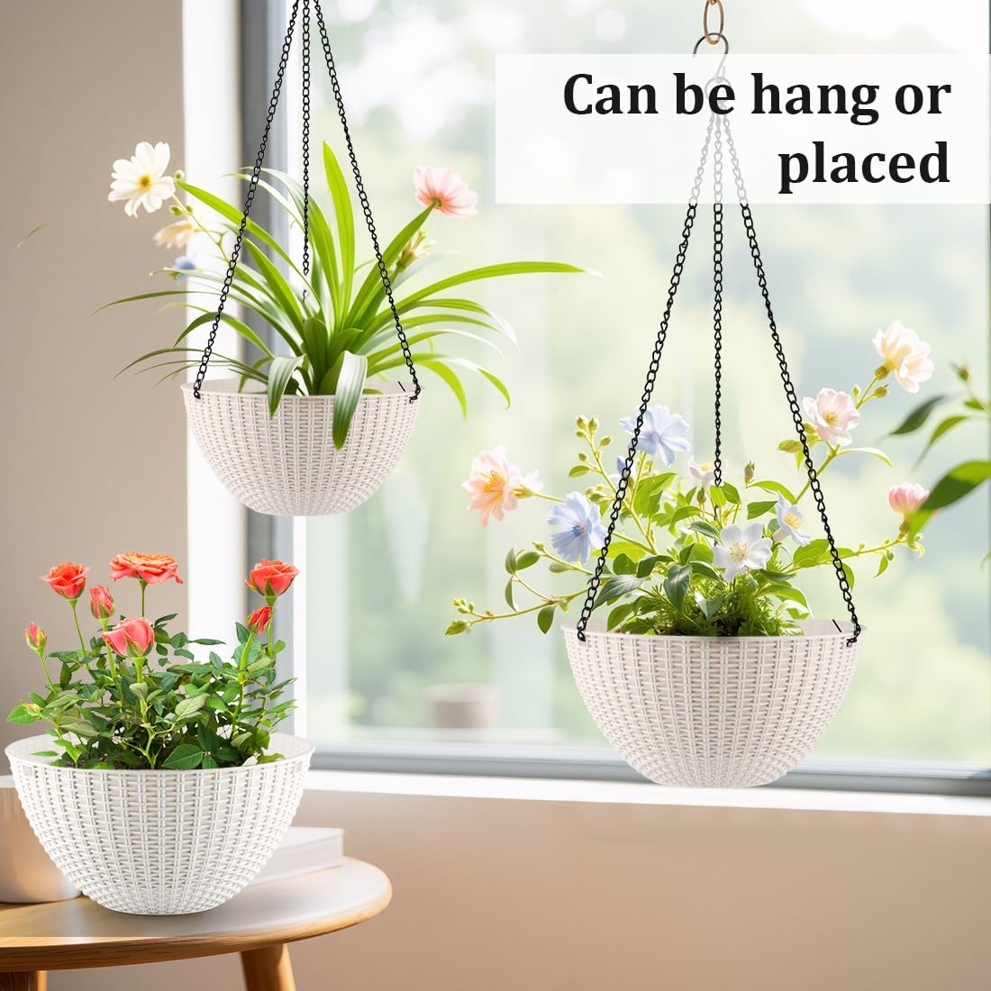 Hanging Planters 8 Inch & 10 Inch, 4 Pack Self Watering Baskets, White | Outdoor/Indoor Plants, Durable PP plastic