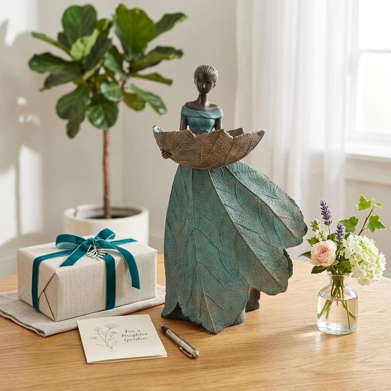 DiliComing Fairy Garden Statues Bird Feeder - 12 Inch Outdoor Fairy Statue | Resin Garden Decor, Decorative Patio Yard