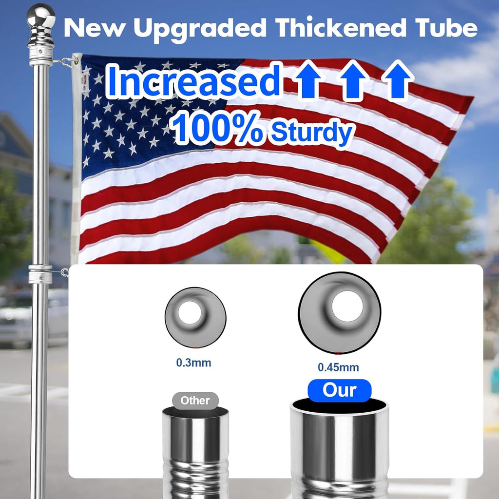 Anovo Flag Pole Kit- Stainless Steel 6 FT Flag Poles with1 Inch Metal 360° Rotating Flag Pole Rings Clip, Two-Position