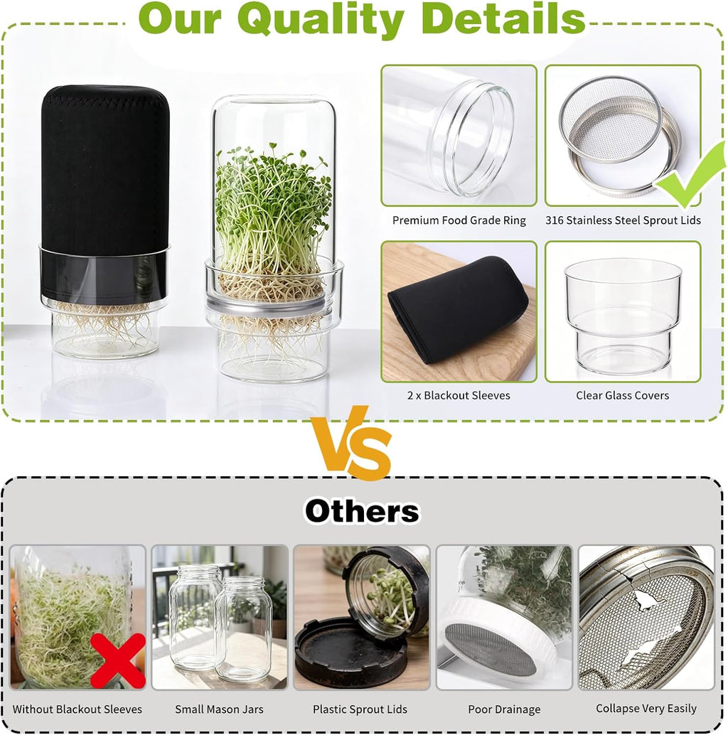 Sprouting Kit, 2 Wide Mouth Sprouting Jar with Stainless Steel Screen Sprout Lids, Blackout Sleeves, Drain Cover