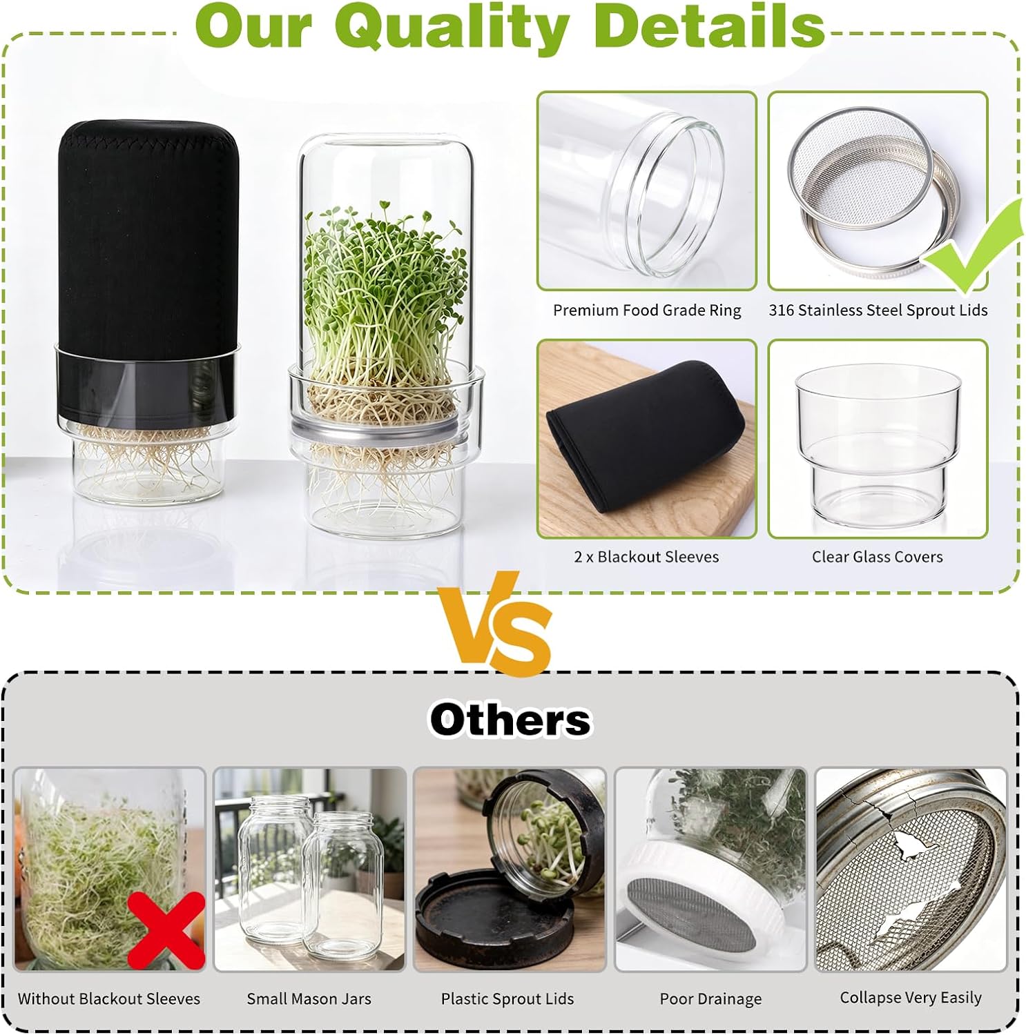 Sprouting Kit, 2 Wide Mouth Sprouting Jar with Stainless Steel Screen Sprout Lids, Blackout Sleeves, Drain Cover