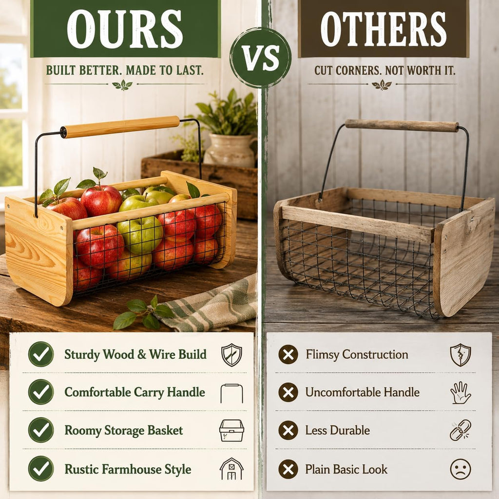Vintage Harvest Basket Pine Wood & Metal Mesh Wire Design Wooden Frame with Straight Handle for Fruits Vegetables