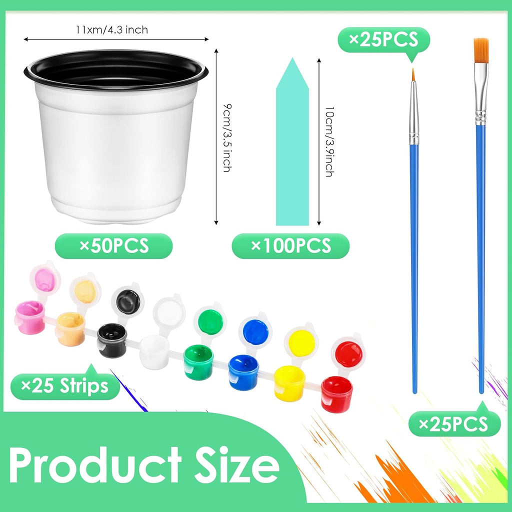 FillTouch 175 Pcs Mini Acrylic Paint Set for Gardening 50 Plastic Plant Pot Craft with Holes 25 Set Paint Strip with