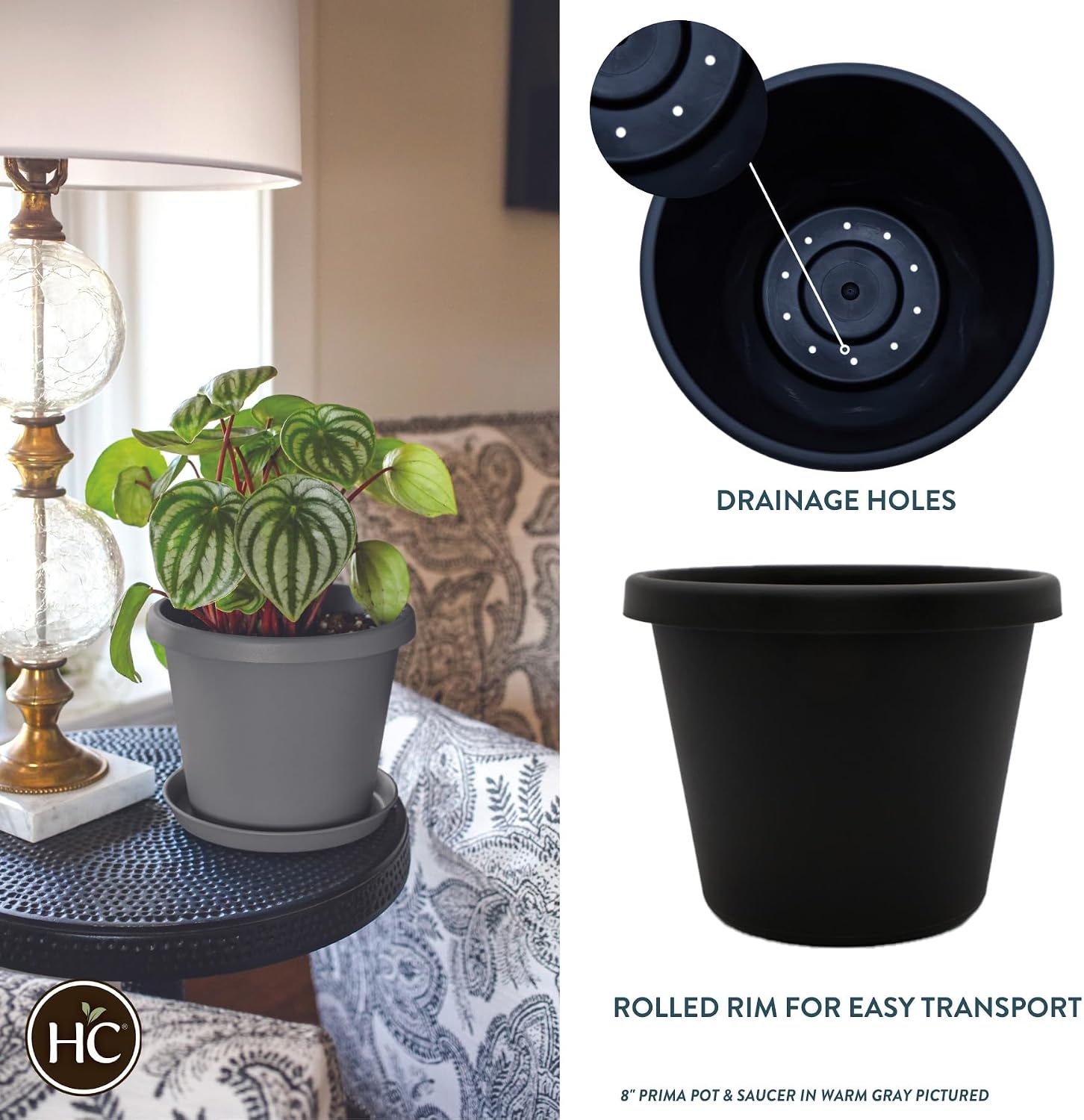 The HC Companies 16 Inch Round Prima Planter - Plastic Plant Pot with Rolled Rim for Indoor Outdoor Plants Flowers