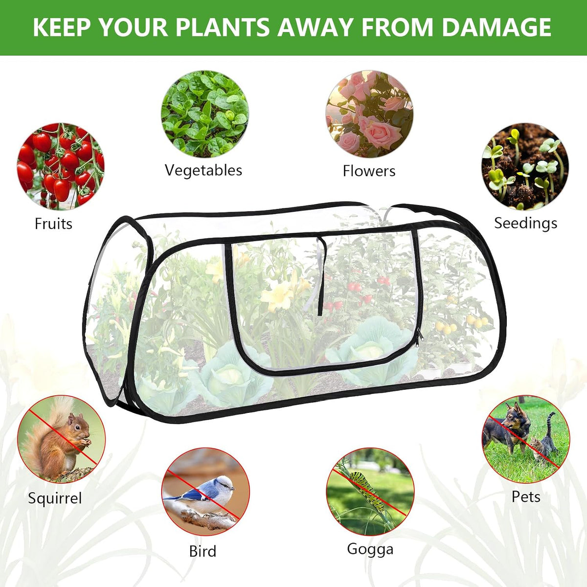 47x20x16 Inch Pop Up Mesh Plant Cover for Garden Raised Beds | Zipper side window, metal frame & 4 ground stakes