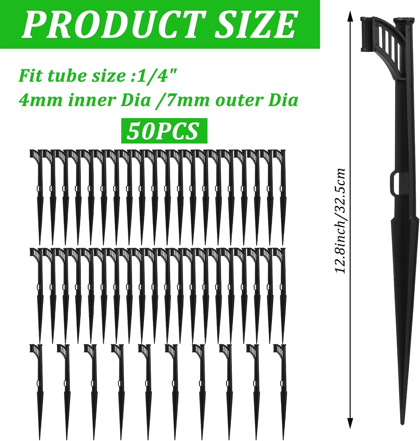50 Pcs 12.8" Irrigation Drip Support Stakes 1/4 Inch Drip Irrigation Stakes for 1/4 Inch Drip Irrigation Tubing Hose