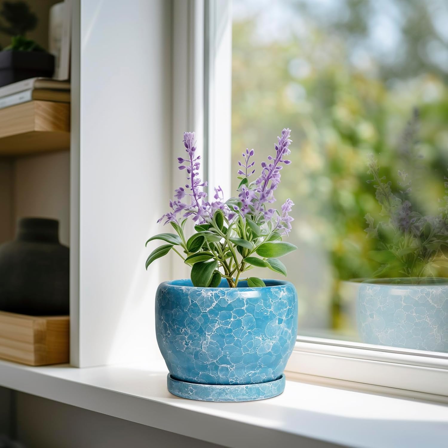 SQOWL 6 Inch Plant Pot - Ceramic Indoor Planter with Drainage Hole and Saucer, Decorative Ceramic Flower Pot Outdoor