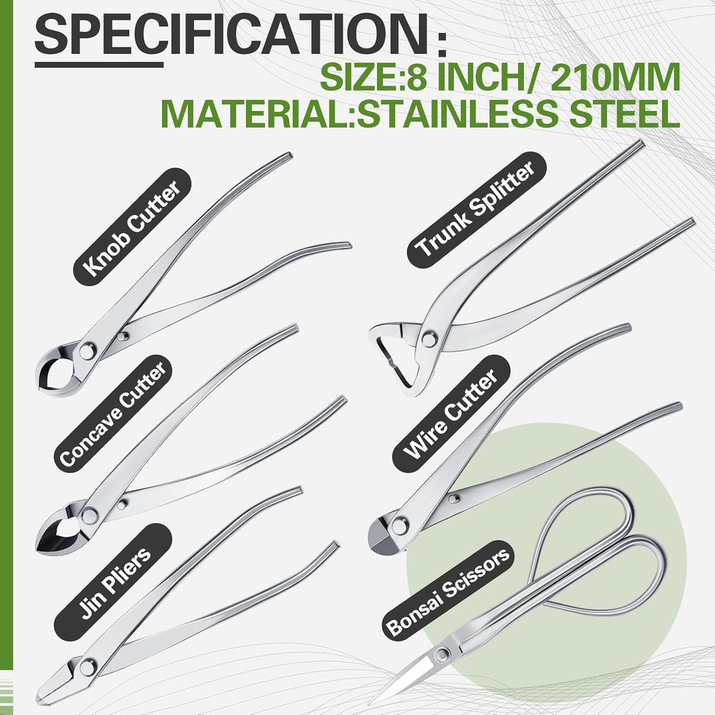 Nuogo 6 Piece Bonsai Tool Set with Roll Bag 8 Inch Heavy Duty Gardening Pruning and Care Kit Concave Knob Wire Cutter