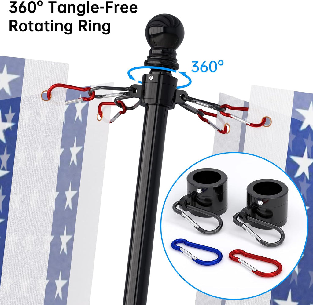 ZMTECH 2 Pack 6FT Black Flag Pole Kit for Outside House with Solar Light & American Flag, 180° Adjustable Bracket and