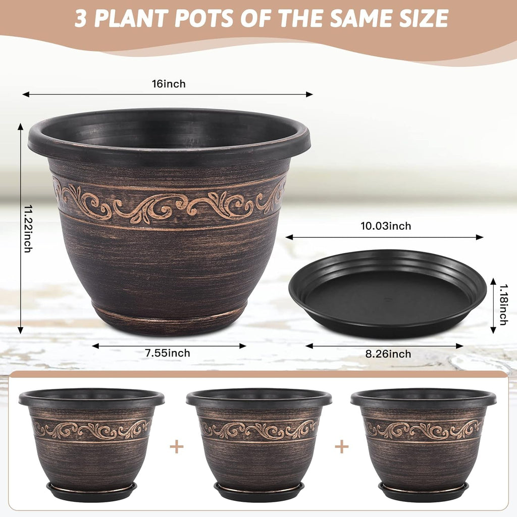 Plastic-Plant-Flower-Planters-16 Inch With Drainage Hole & Saucer, 3 Packs Lightweight Small Resin Flower Pot Indoor