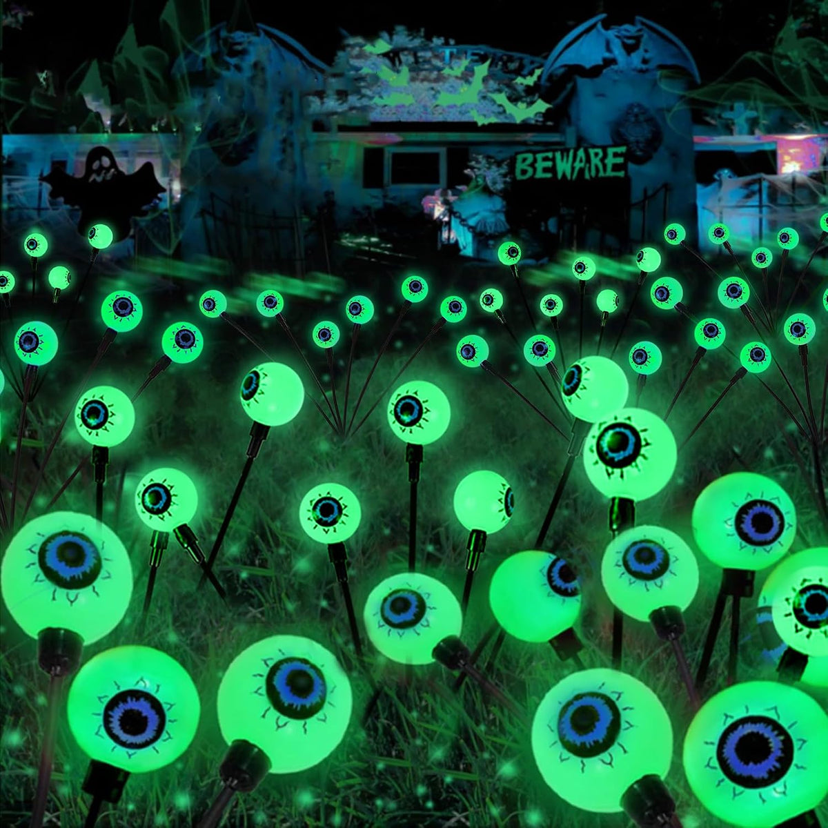 YIQU Solar Halloween Lights Outdoor 4 Pack 24 LED Green Solar Eyeball Light