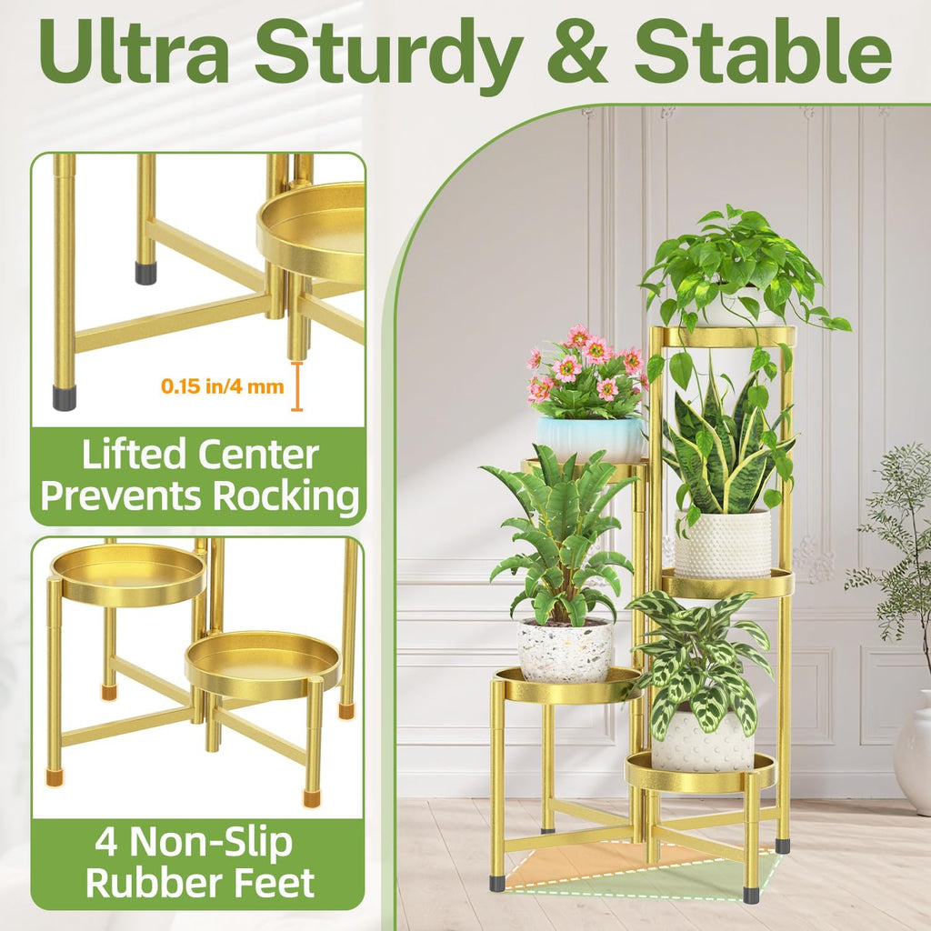 iDavosic.ly Plant Stand Indoor Outdoor, 5 Tier Metal Corner Shelf, Gold | Tiered Flower Display Holder, Folding Multi