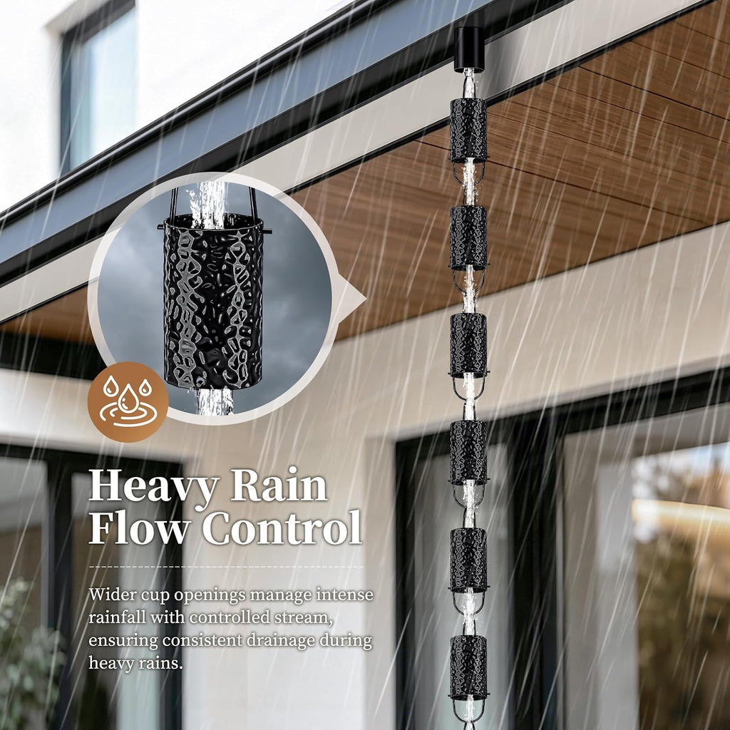 Rain Chains for Gutters Outside Black with Adapter 8.5FT 16 Cups | Round Rain Catcher Chain for Heavy Rain,Rust