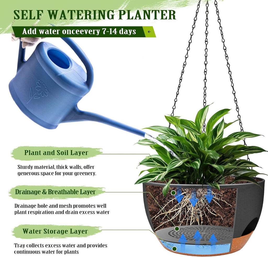 12 Inch Self Watering Hanging Planters with Removable Reservoir, 2 Pack | Drainage Holes, Metal Chain, for