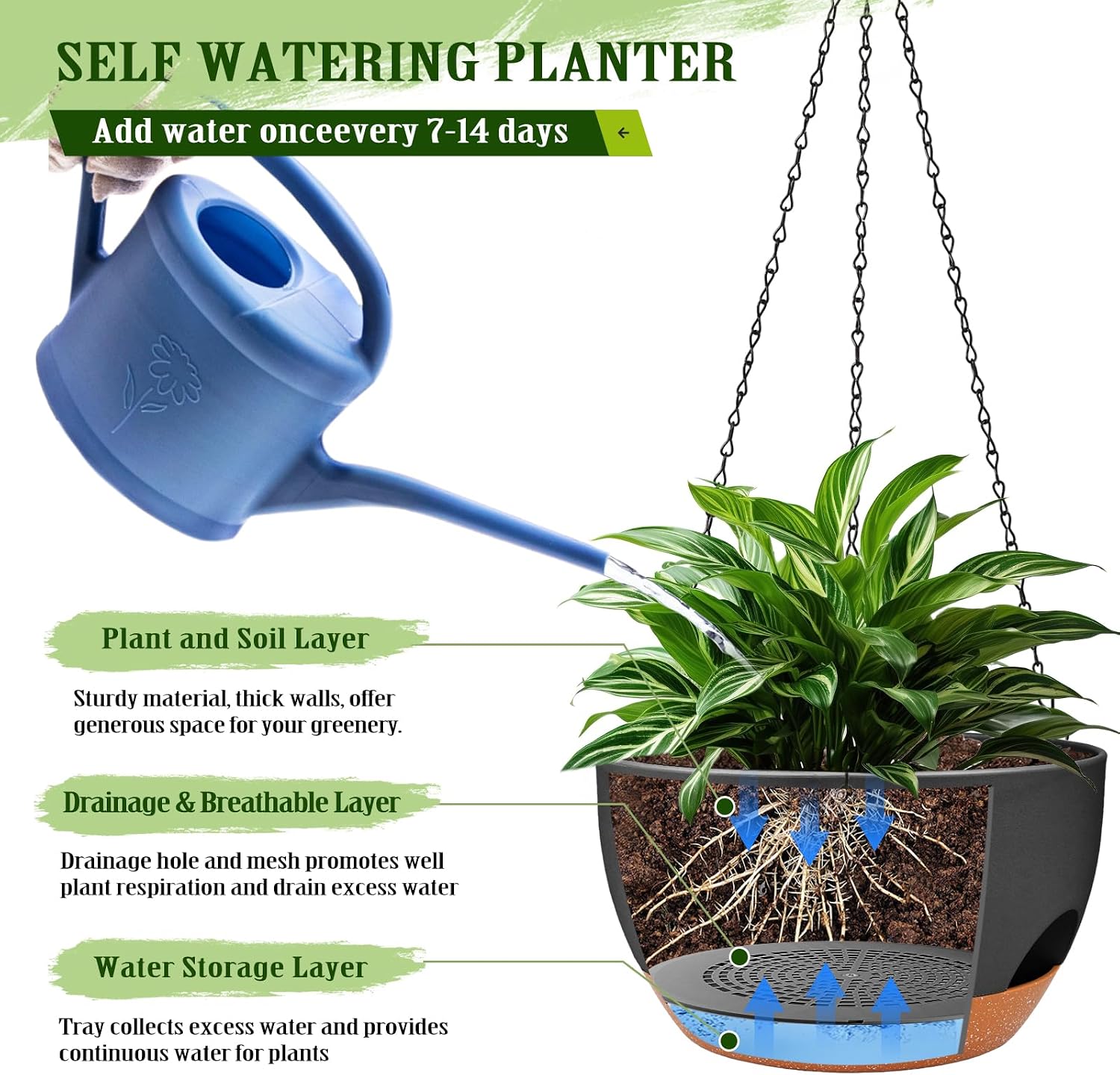 12 Inch Self Watering Hanging Planters with Removable Reservoir, 2 Pack | Drainage Holes, Metal Chain, for