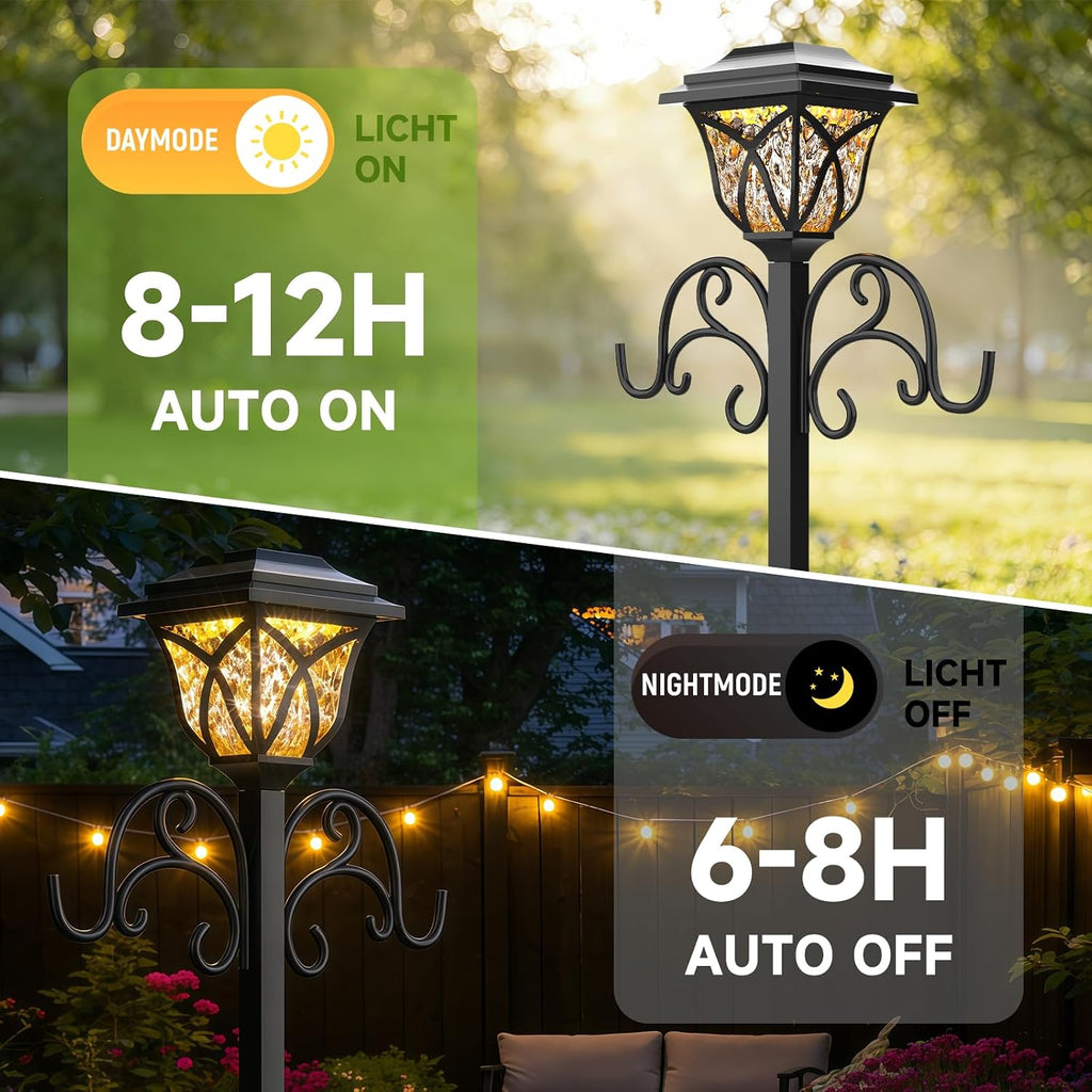 Garden Water Hose Holder with Solar Light & Shepherds Hooks for outside | Stores 160" Hose, Freestanding with Double