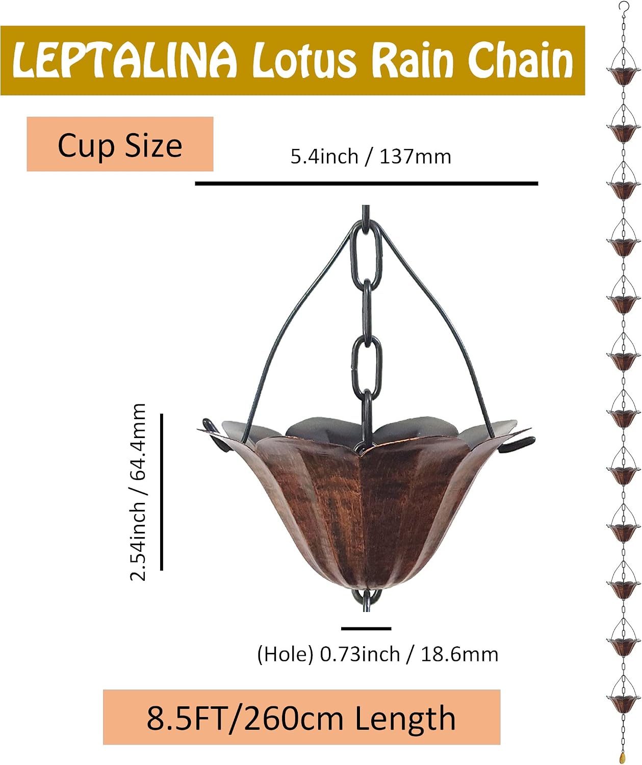 8.5FT Lotus Iron Rain Chain for Gutters and Rain Barrel+Adapter, Bronze | Rain Chains for Downspout, Rust-Prevent