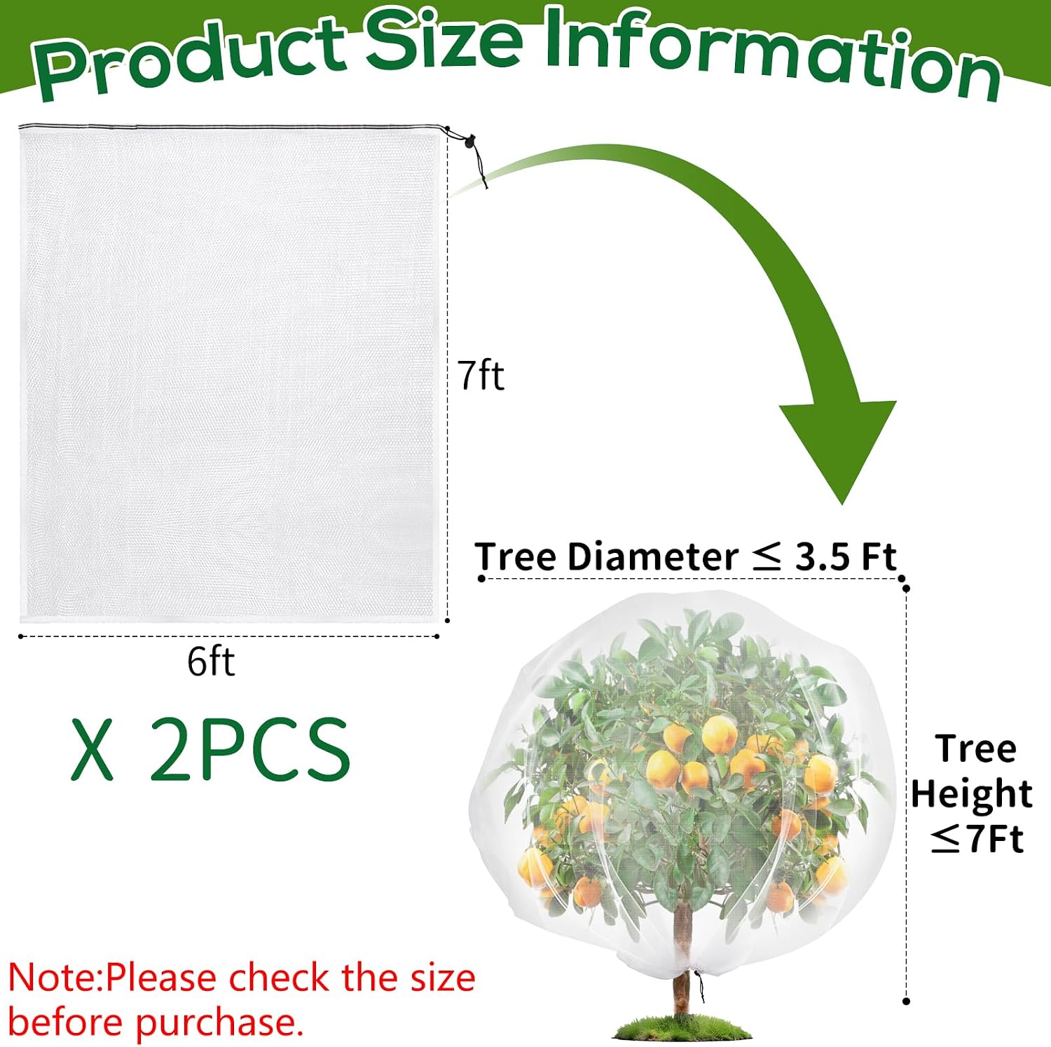 2 Pack 7 x 6 ft Fruit Tree Netting Covers with Drawstring | Ultra-Fine Mesh Garden Insect & Bird Protection Cover