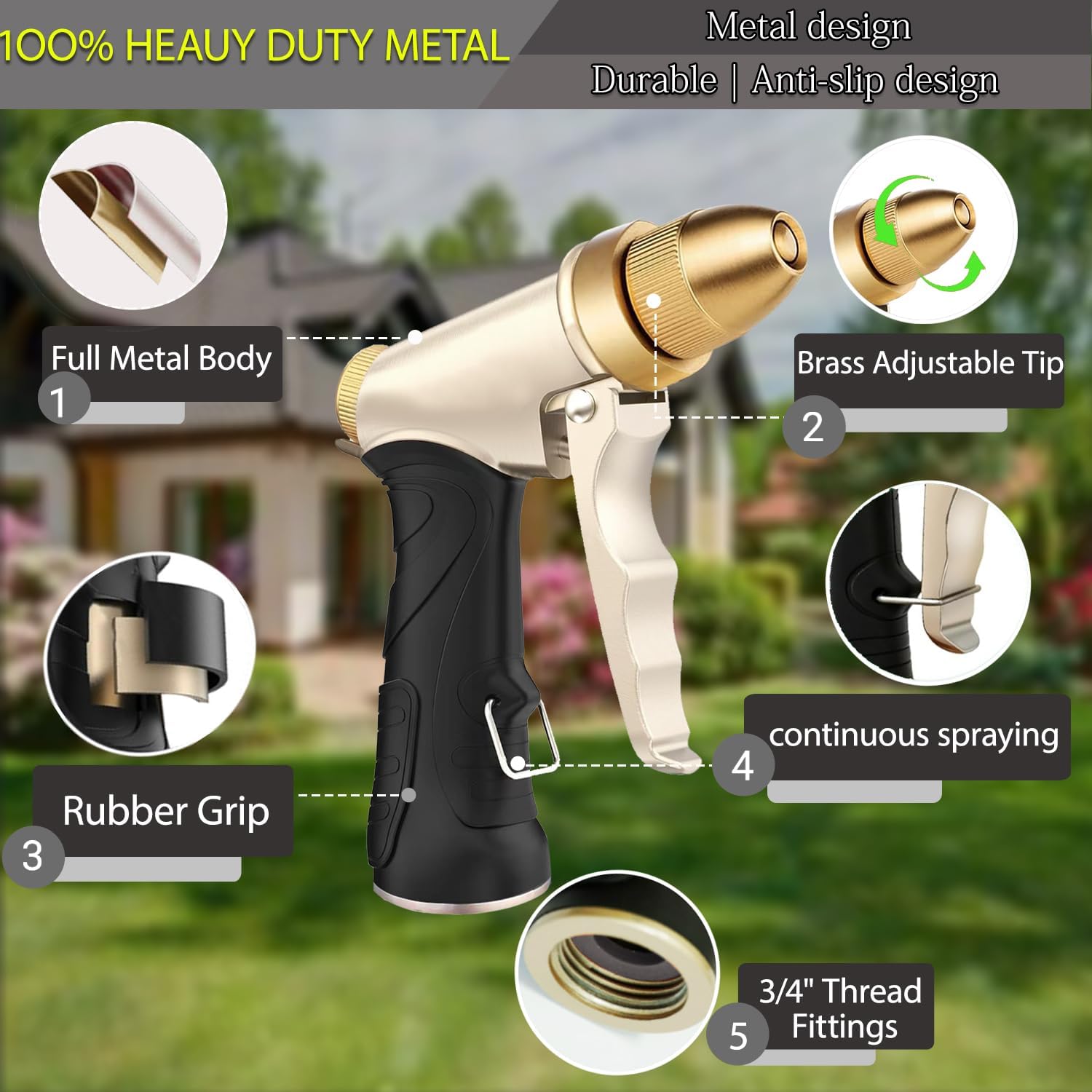 High Pressure Garden Hose Nozzle, Heavy Duty Metal Sprayer | Upgraded Water Hose Nozzle with Non-Slip Grip, Adjustable