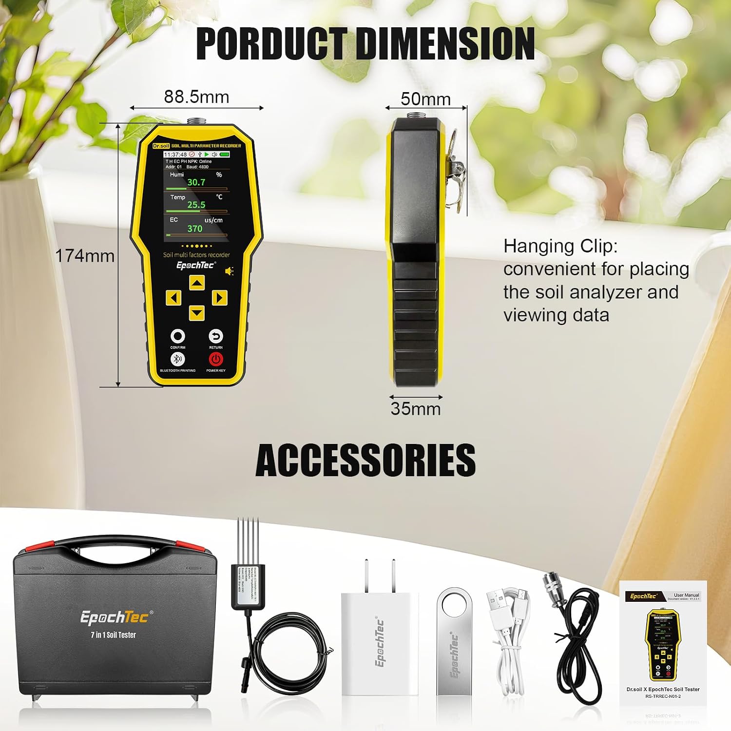 7 in 1 Soil Tester, Digital NPK Tester, Soil Test Kit ±1% High Precision | with Soil PH Meter/Moisture/Temperature/EC