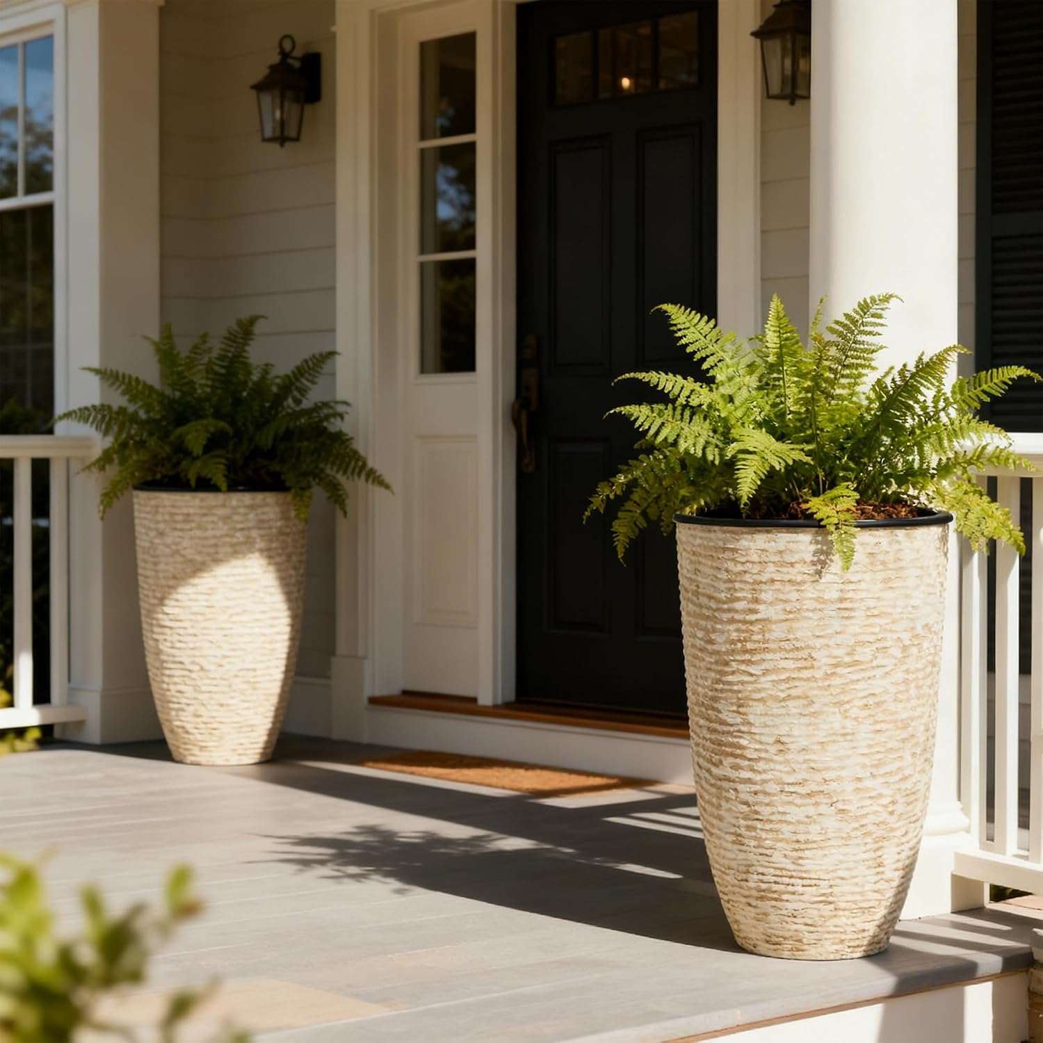 Worth Garden 21" H Beige Tall Planters set of 2 with Inside Pots - 14'' Dia Plastic Large Round Plant Tree Pots with