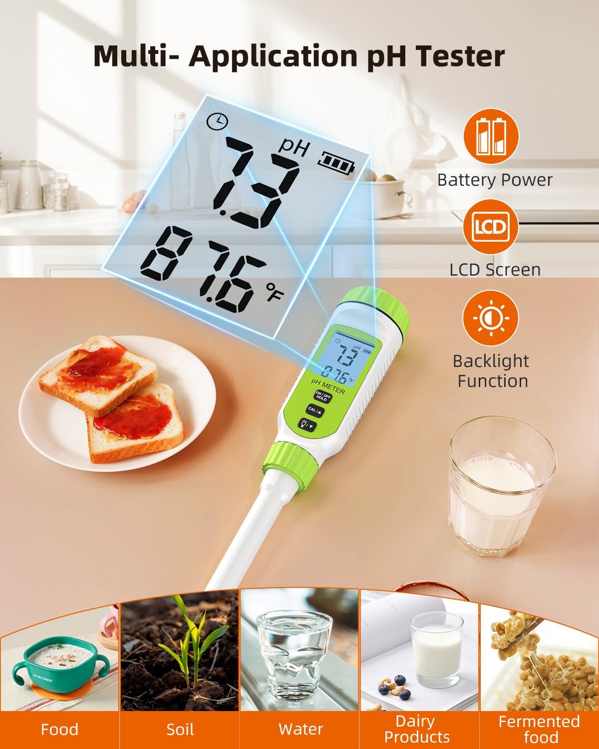 Tadeto Multifunctional Digital pH Meter for Food, High Precision Garden Soil pH Test Kit with LCD ℃/℉ Display for