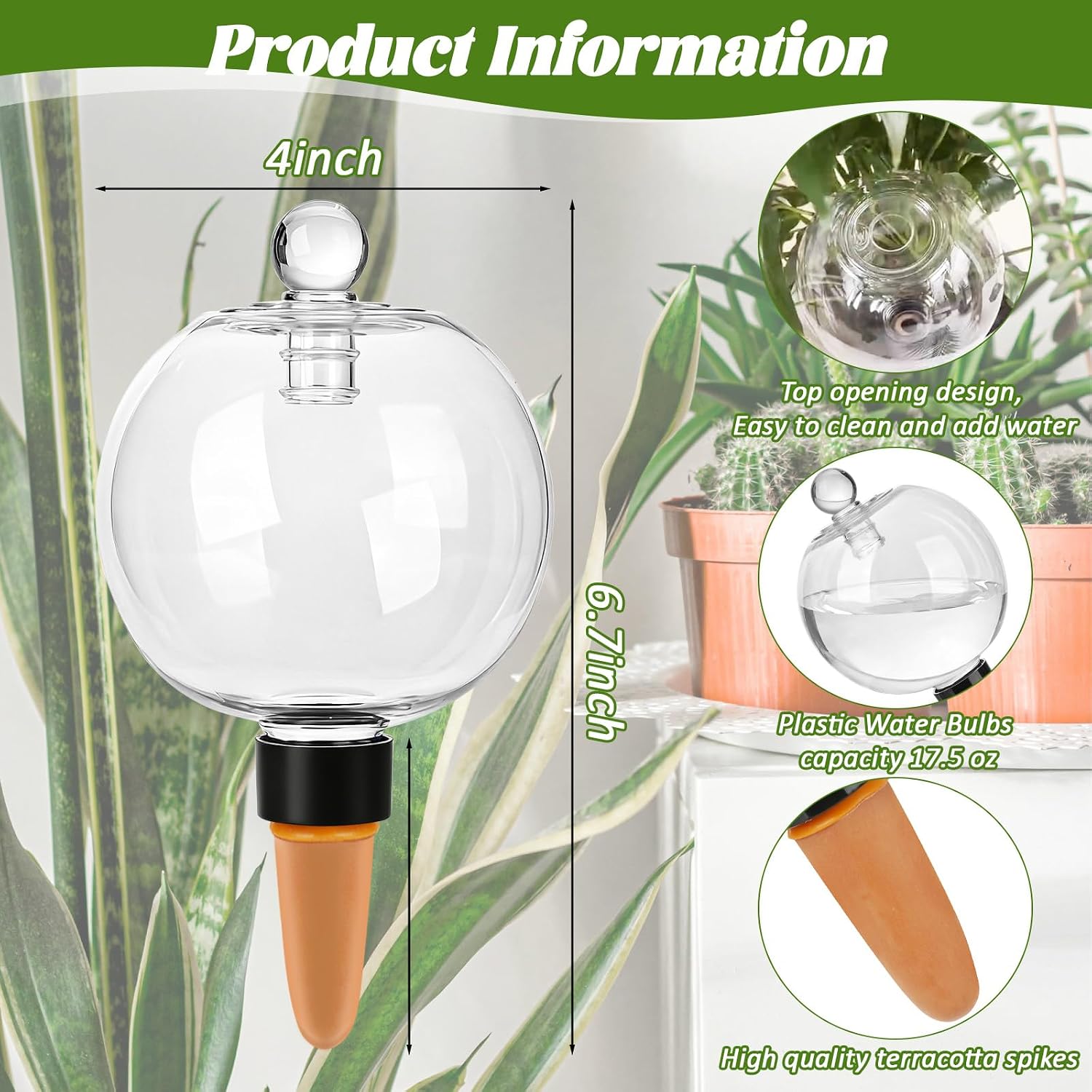 4 Pack 17.5 oz Plant Watering Globes with Covers Self Watering Planter Insert Top Fill Plastic Water Bulbs for Indoor
