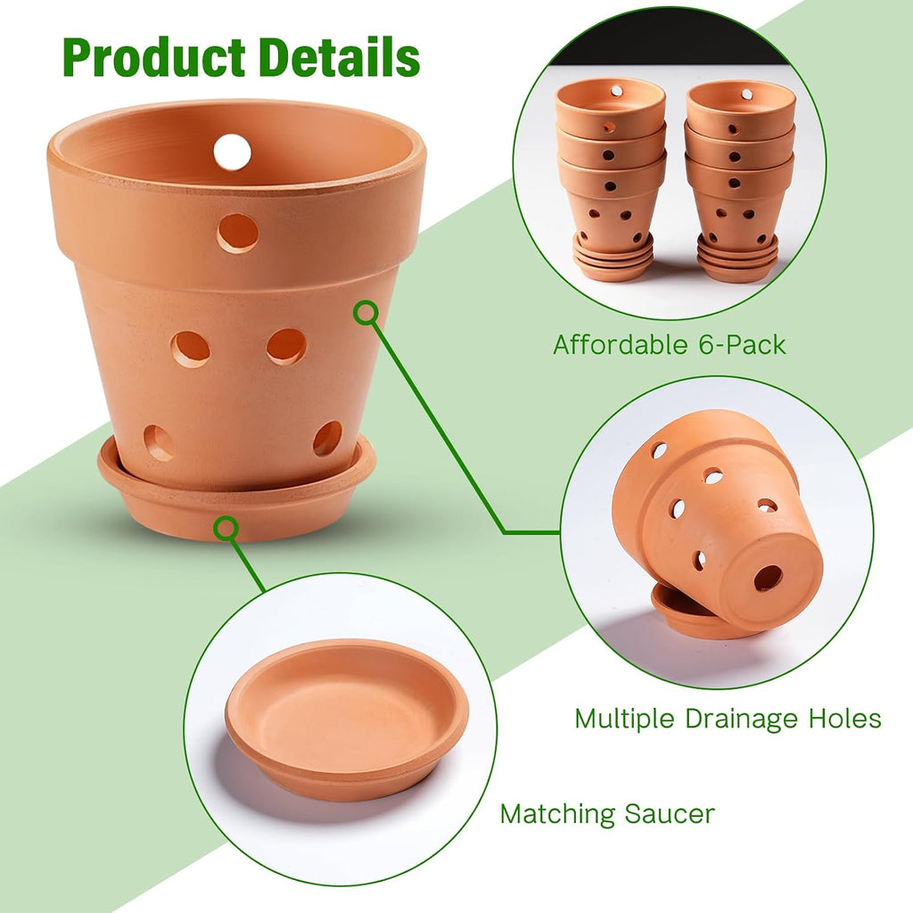 4 Inch Terracotta Orchid Pots with Holes and Saucers Set of 6 | Small Terra Cotta Clay Orchid Planter Pots for Plant