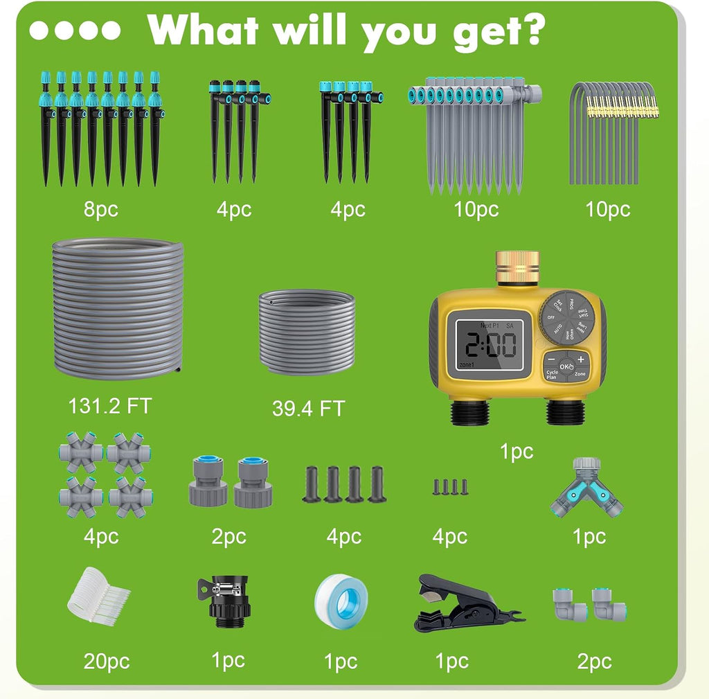 172FT Drip Irrigation System Kit with 2 Zone Water Timer for Garden | 1/2" High-Flow Mainline Auto Watering, 26pcs 360°