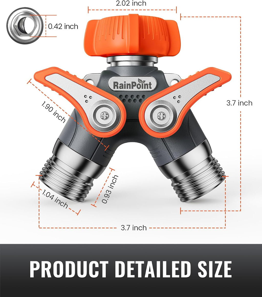 RAINPOINT Garden Hose Splitter 2 Way Heavy Duty, Water Hose Y Spigot Splitter with Shutoff Valves,100% Metal Body Water