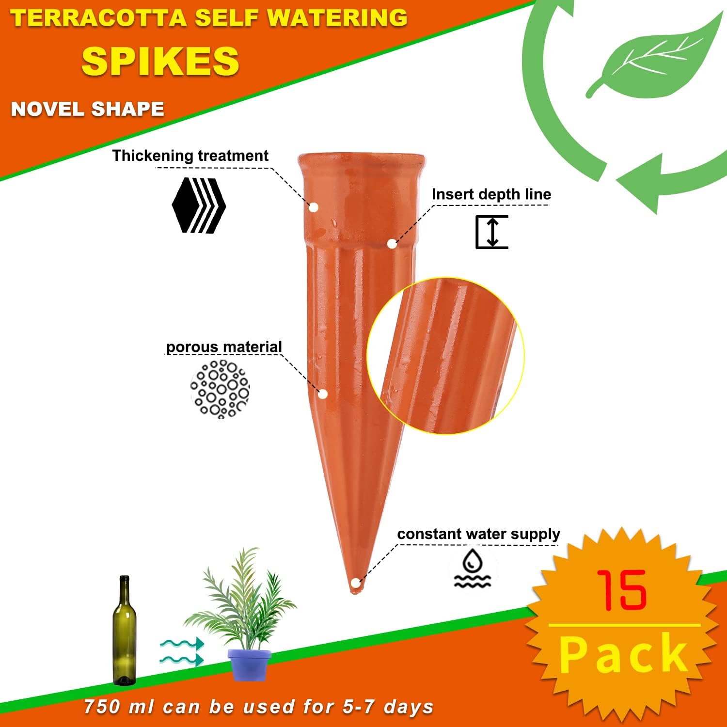 TKSCUSR Plant Self-Watering Stakes-15 Pack Terracotta Automatic Plant Waterer Devices Auto-Water Irrigation System for