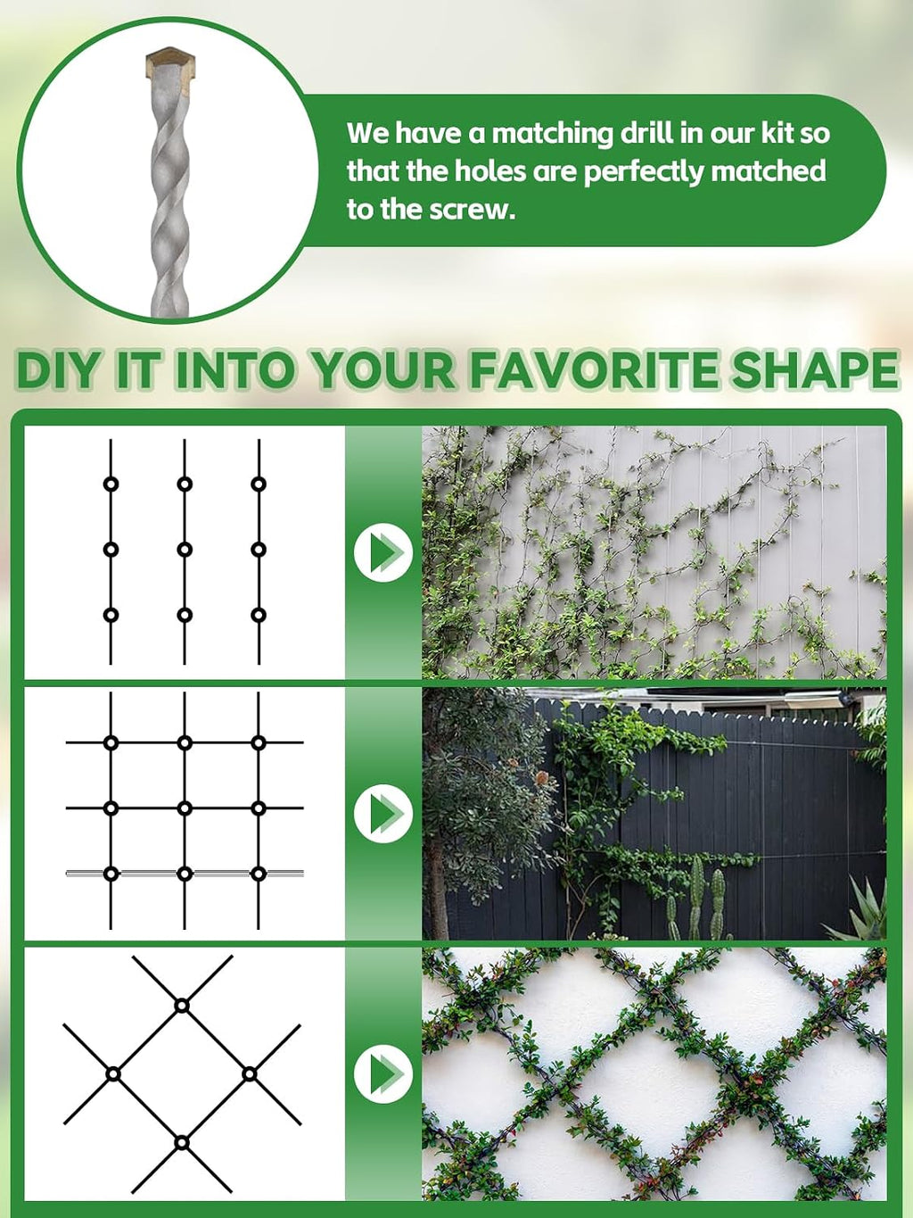 100FT Wire Trellis for Climbing Plants, Kalolary Wall Garden Trellis Kit | 20 Sets T316 Steel Wire Trellis with Cable &