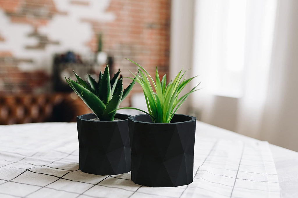 Olly & Rose Designer Geometric Ceramic Black Plant Pot Succulent Pots Cactus Planters Set 2 Indoor Outdoor Small Flower