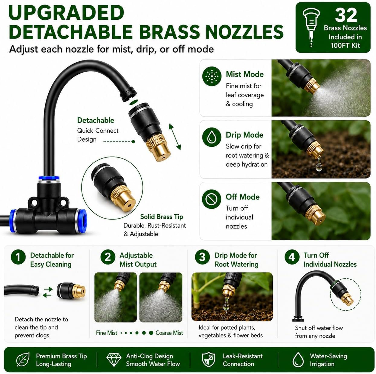 100FT 5/16" Garden Watering Kit with 32 Brass Nozzles & Y Splitter | 32 brass nozzles, 5/16" tubing, brass faucet