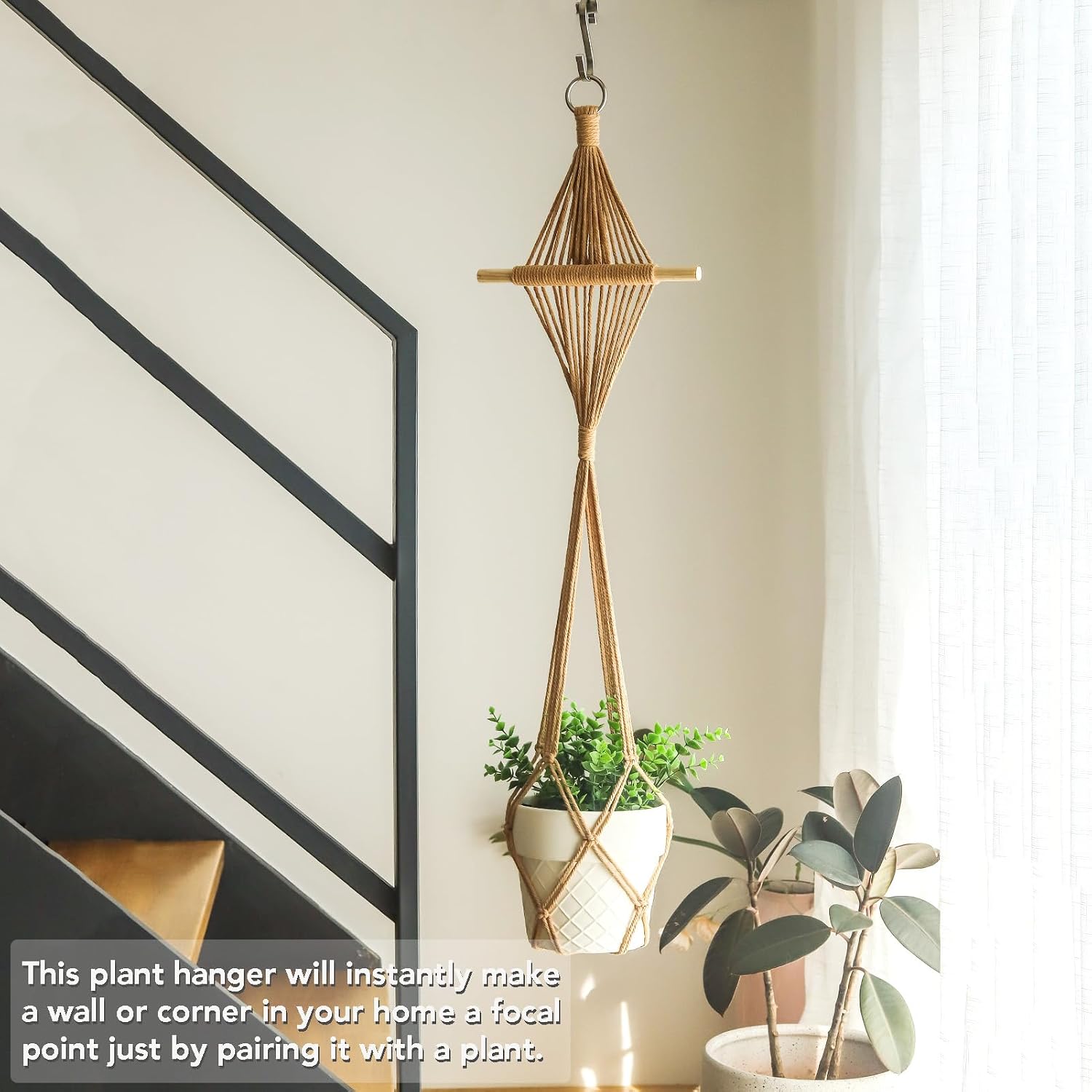 4 Pack Macrame Plant Hangers Indoor Up to 10 inch Pot, Boho Hanging Planters, Plant Holder with 8Pcs Stainless Steel