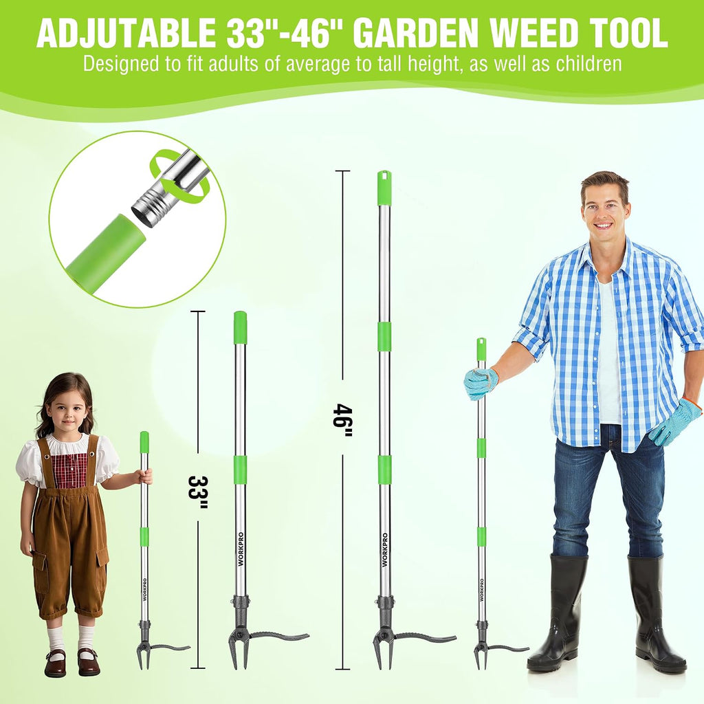 WORKPRO Weed Puller Tool with Long Adjustable Handle (33", 46") | Stand Up Weed Remover- 4 Claw Steel Head & Foot Pedal