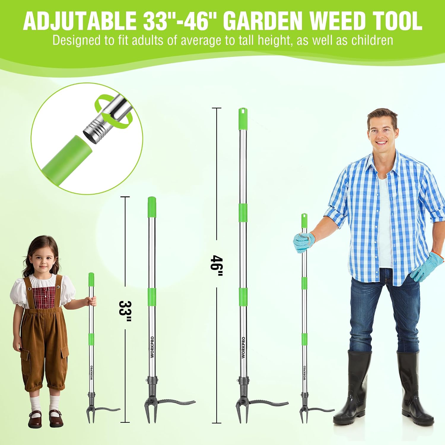 WORKPRO Weed Puller Tool with Long Adjustable Handle (33", 46") | Stand Up Weed Remover- 4 Claw Steel Head & Foot Pedal