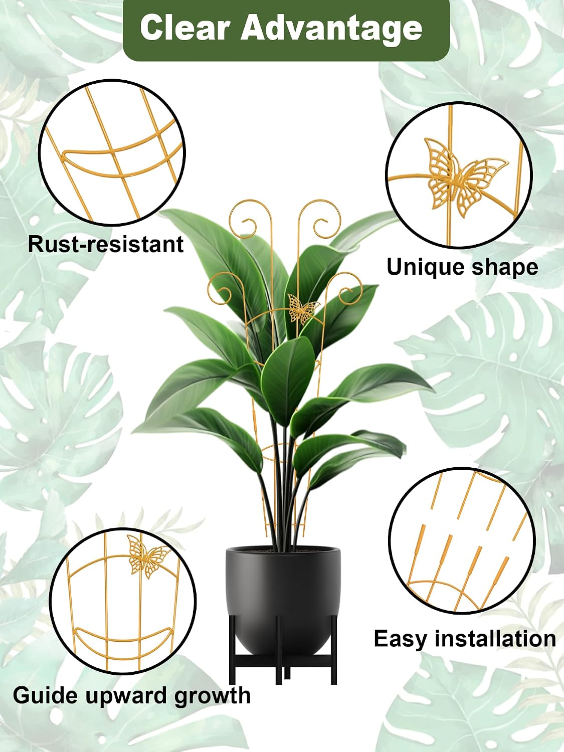 Butterfly Metal Monstera Trellis, Gold Garden Treleaf Expandable Trellis | 4 Pack 30 Inch Taller Plant Support for
