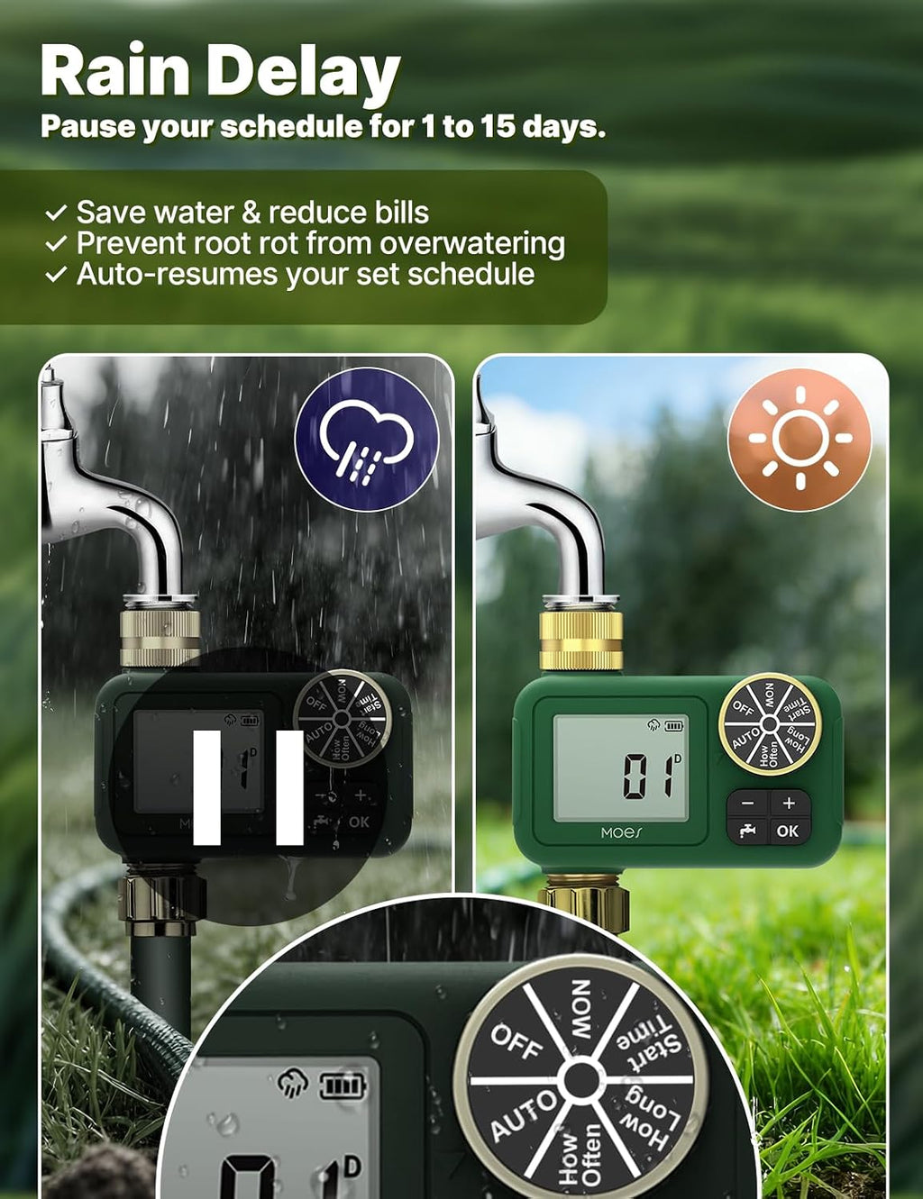MOES Water Timer for Garden Hose, 1 Outlet, Rain Delay, Brass Fittings | Battery Sprinkler Timer, Programmable 1-Outlet
