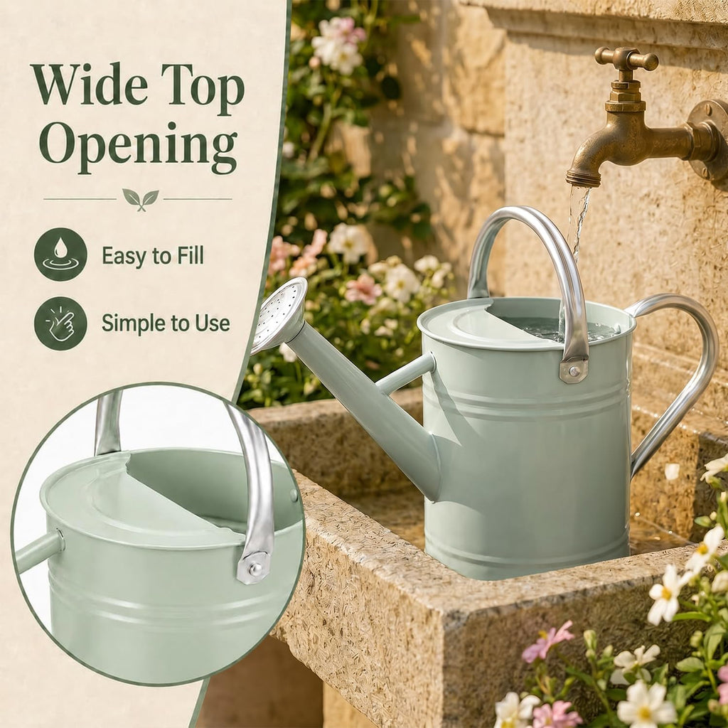 1 Gallon Metal Watering Can for Indoor Outdoor Plants, Cream Green | Removable spout switches between gentle shower and