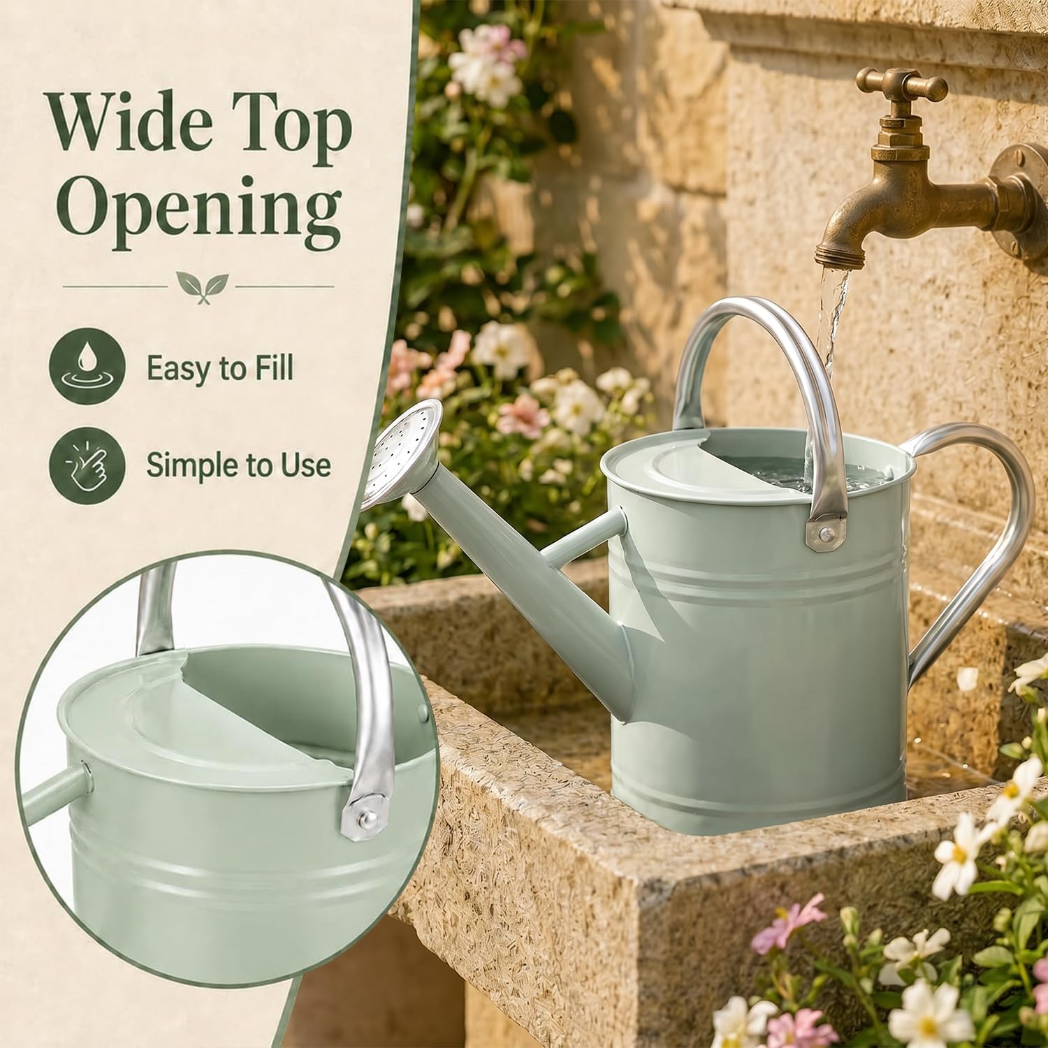 1 Gallon Metal Watering Can for Indoor Outdoor Plants, Cream Green | Removable spout switches between gentle shower and