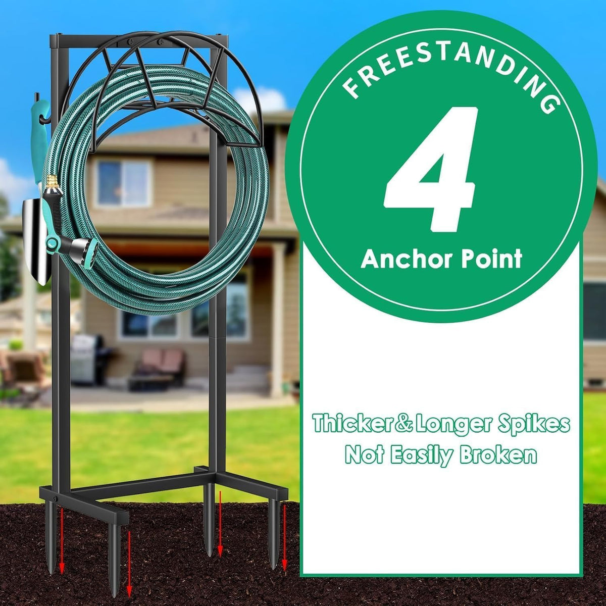TomCare Garden Hose Holder, 4 Spikes Heavy Duty Hose Stand for 160FT Hose | Thick Metal Frame, 250 lbs Load Capacity