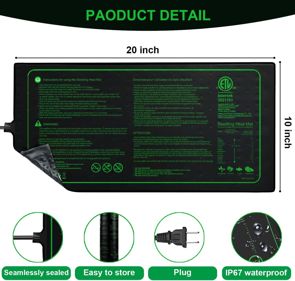 10"x20" Seedling Heat Mat for Seed Starting and Germination,2 Pack | Durable Waterproof Hydroponic Heating Pad with ETL
