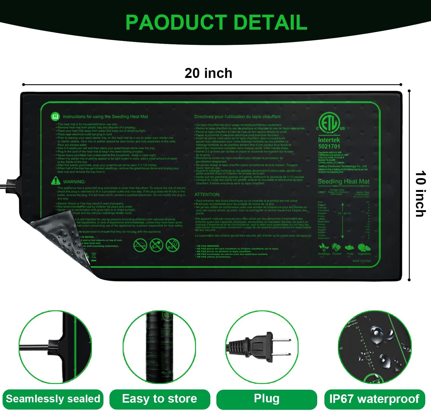 10"x20" Seedling Heat Mat for Seed Starting and Germination,2 Pack | Durable Waterproof Hydroponic Heating Pad with ETL