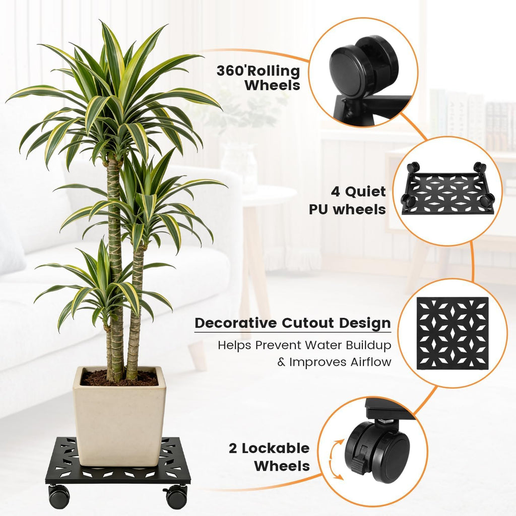 Party Zealot 12 Inch Plant Caddy with Wheels, 3 Pack Plant Stand with Wheels Heavy-Duty Metal Square Rolling Plant