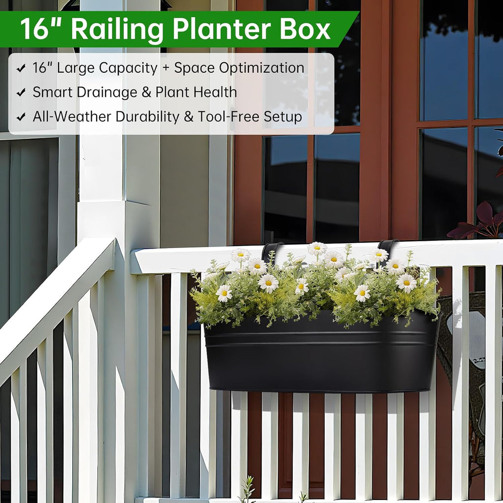 Railing Planter Box, 16" Large Hanging Planters for Outdoor Plants, 3 Pack | balcony planters with Detachable Wide