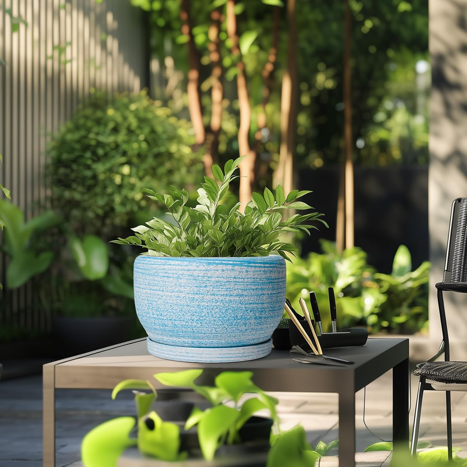 SQOWL Ceramic Plant Pots - 10 Inch Ceramic Flower Pots with Drainage Hole and Saucer, Round Large Planter for Indoor