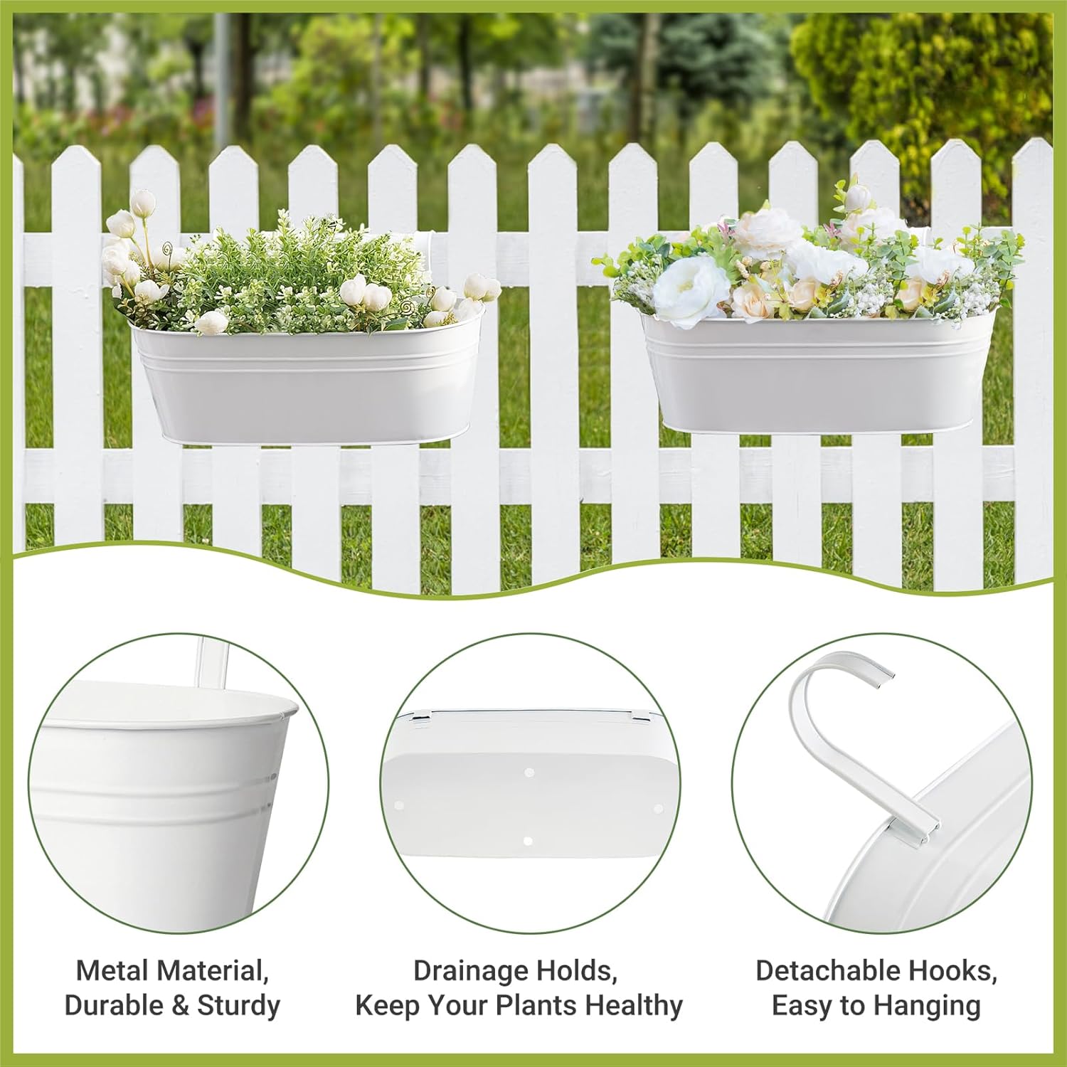 Dahey 15 Inches Railing Planter Box 4 Pcs Metal Hanging Flower Pots, White | 2.7" Width Detachable Hooks, Outdoor
